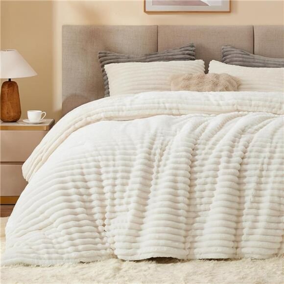 Fleece Queen Comforter Set -Super Soft & Warm Fluffy Cream White Bedding, Luxury - Picture 1 of 7